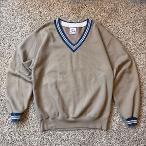 Jerzees Men's V-Neck Sweater Blue Beige Large Made In USA 90s VTG Retro